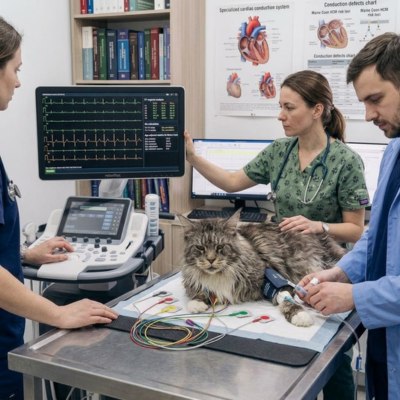 Veterinarska kardiologija Novi Sad pregled Maine Coon mačke na EKG aparatu