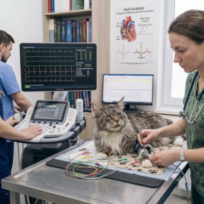 Veterinarska kardiologija Novi Sad pregled Maine Coon mačke na EKG aparatu